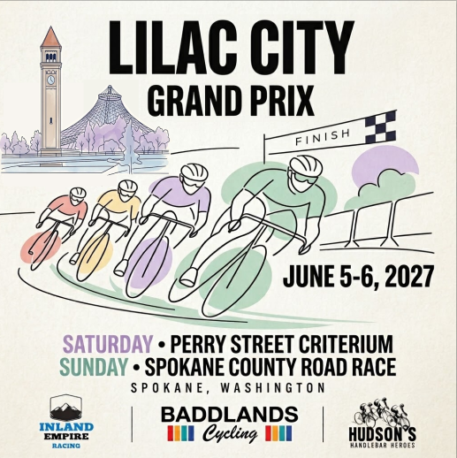 Lilac City Grand Prix race poster showing cyclists racing past Spokane landmarks. June 5–6, 2027: Saturday Perry Street Criterium and Sunday Spokane County Road Race.